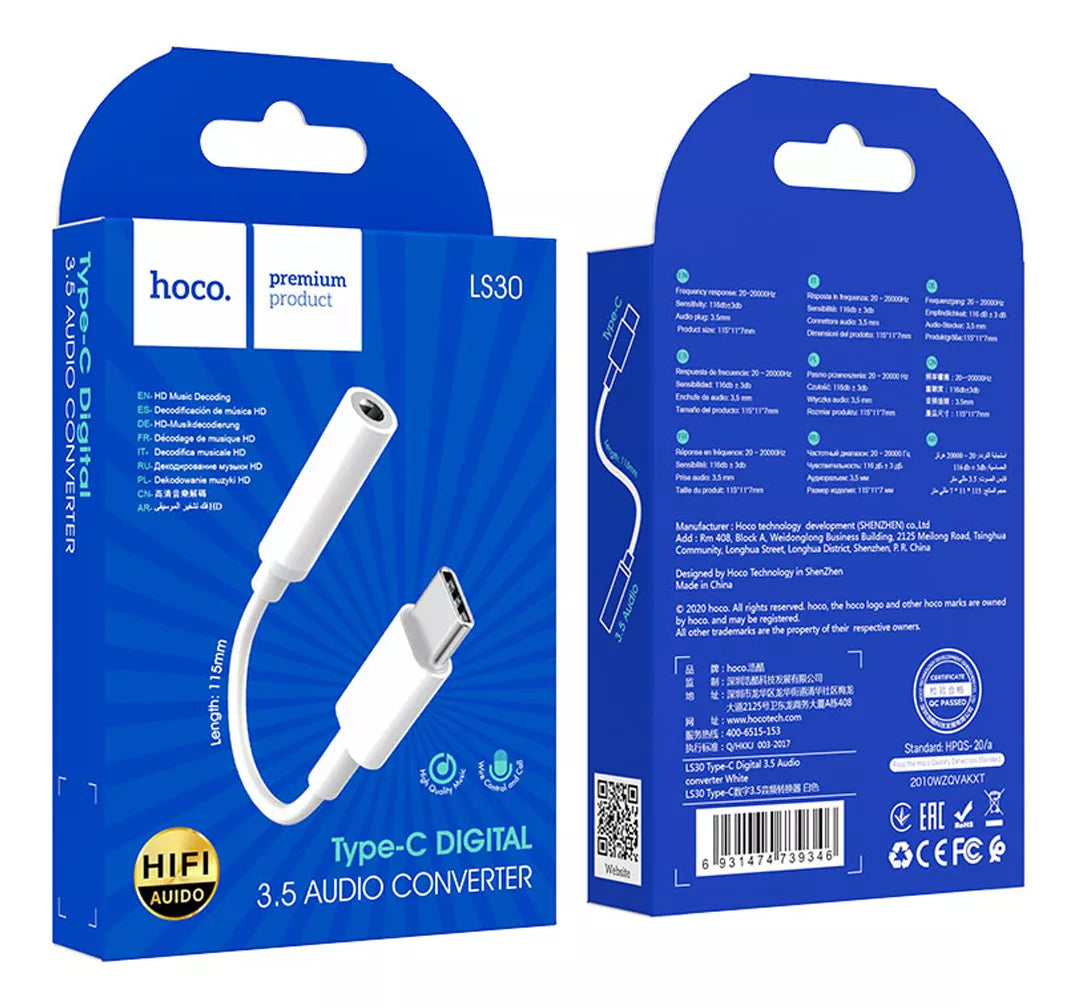Adaptador USB C a Jack 3.5 Hoco LS30
