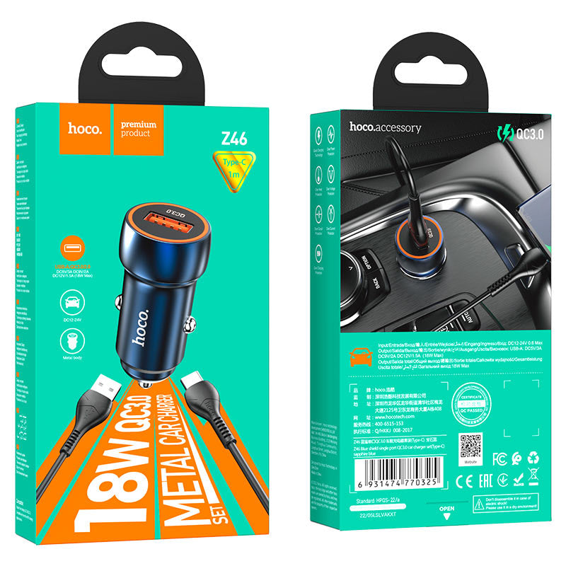 Cargador de Auto con cable type c 20W USB A Z46