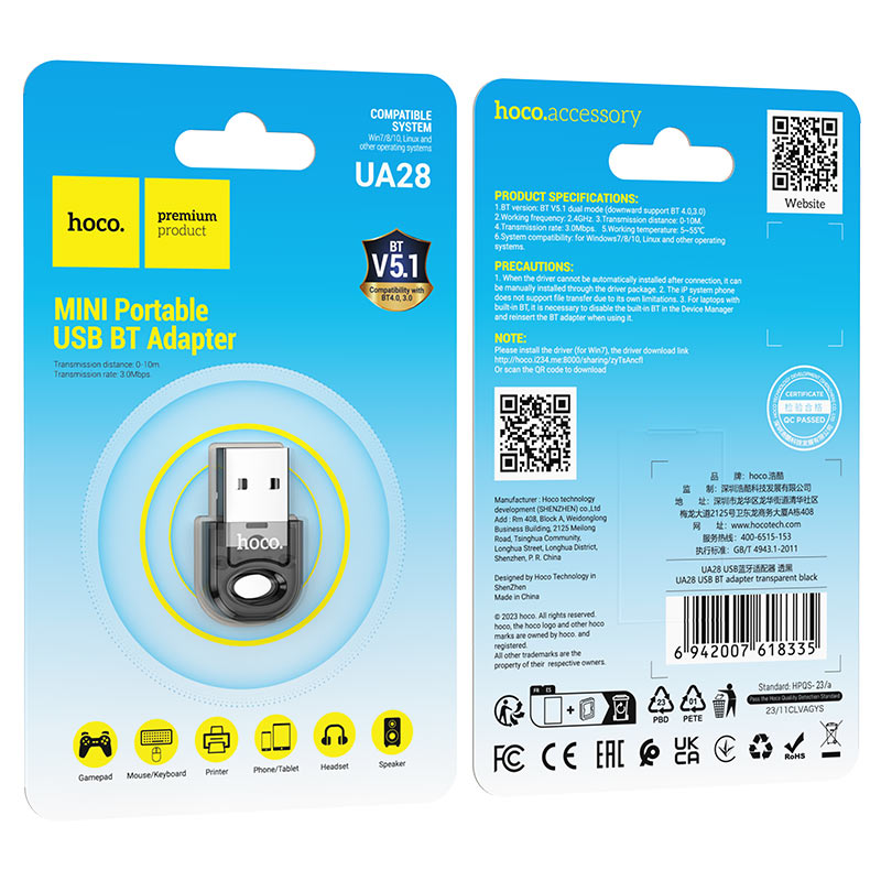Adaptador Hoco UA28 BT USB para PC Negro Audio