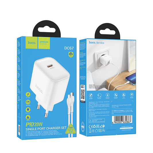 Cargador Casa Hoco DC67 PD20W Cable Tipo C a Lightning Blanco - SEC