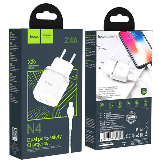 Cargador Hoco N4 2.4A Cable Lightning Doble USB Blanco