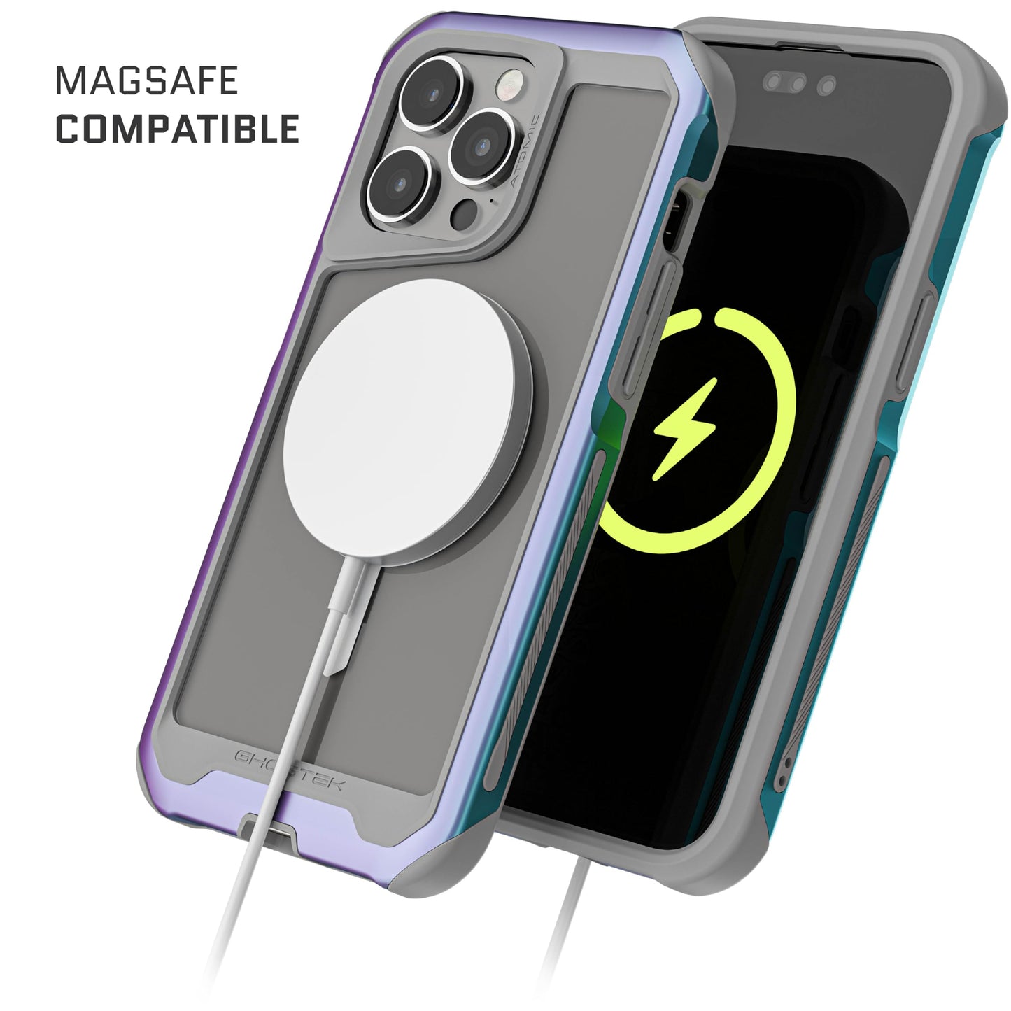 Ghostek Atomic Slim for iPhone 15 Pro MAX Case, Compatible with Magnetic MagSafe Accessories, Aluminum Iridescent Fluorescent Bumper, Heavy Duty Protection (6.7 Inch, Prismatic)