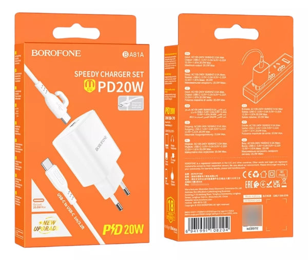 Cargador Adaptador Borofone 20w + Cable C BA81A Blanco
