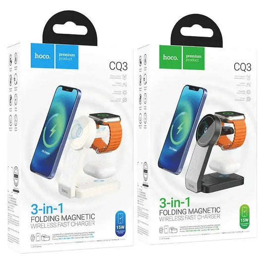 Cargador inalámbrico rápido Hoco CQ3 Noble 3 en 1 plegable con MagSafe, color negro.