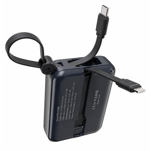 RECRSI Power Bank 10000mAh RE-PB055 Noir - 22w Charge Rapide - 2 Câbles Intégrés Type-C & iPhone - Ultra Compact