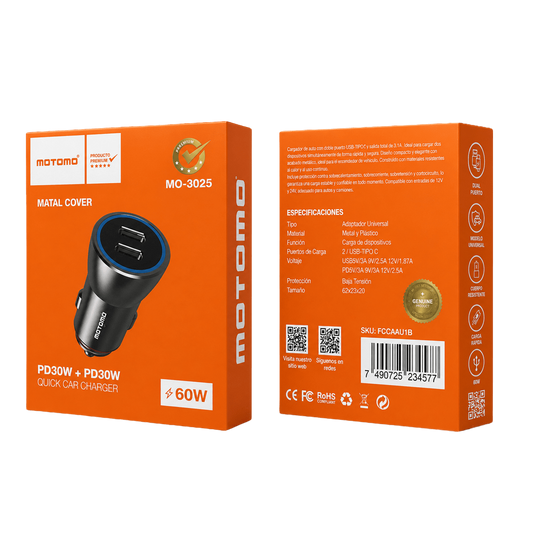 Cargador de Auto Motomo Mo-3025 60W
